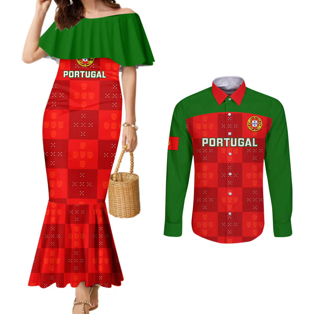 portugal-rugby-couples-matching-mermaid-dress-and-long-sleeve-button-shirts-go-wolves-mix-coat-of-arms