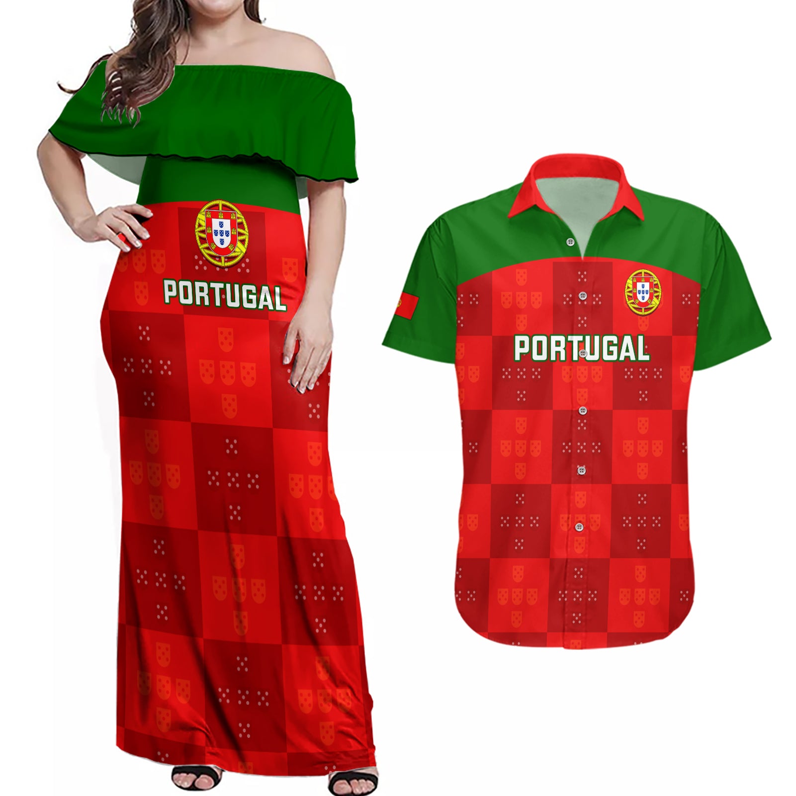 Portugal Rugby Couples Matching Off Shoulder Maxi Dress and Hawaiian Shirt Go Wolves Mix Coat Of Arms - Wonder Print Shop