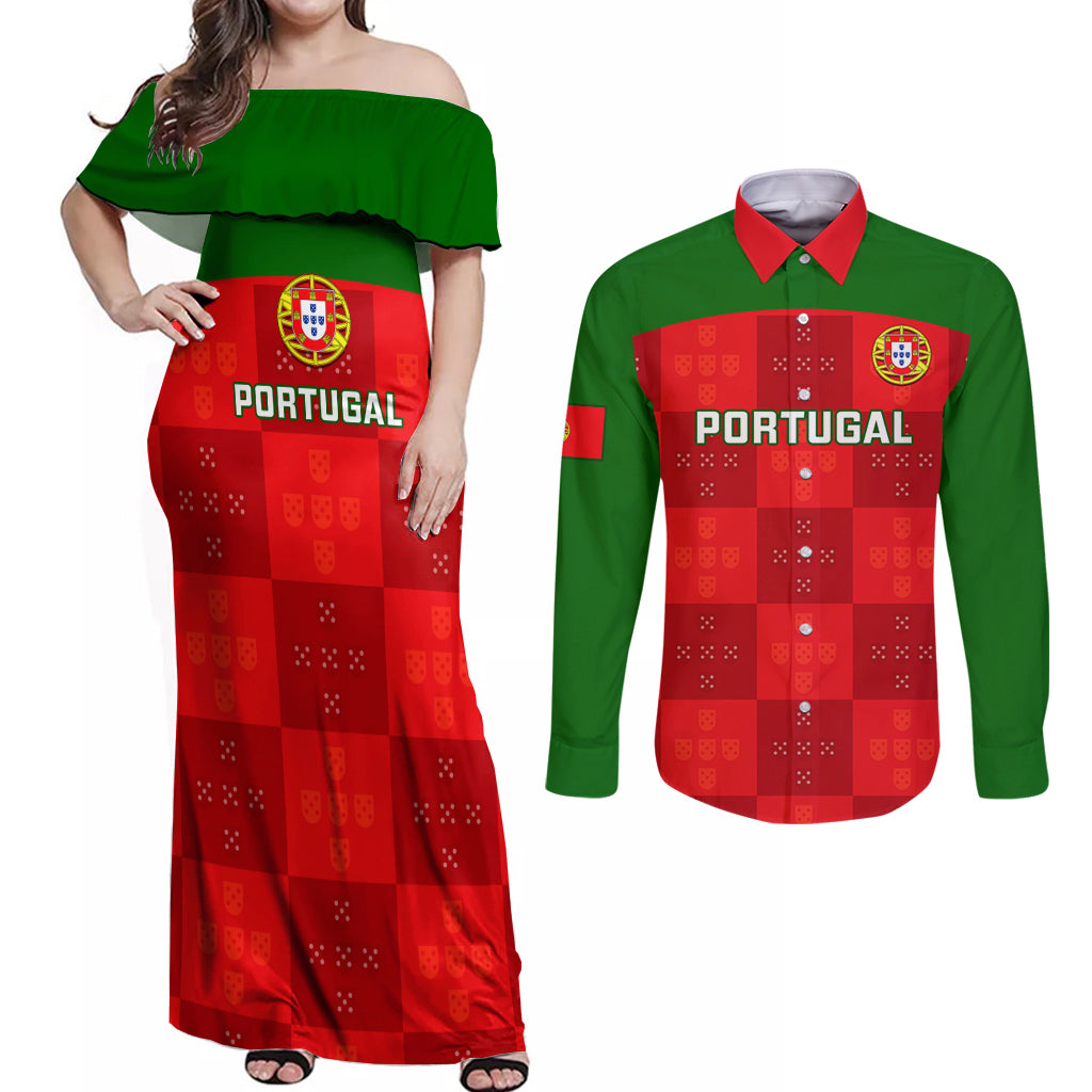 Portugal Rugby Couples Matching Off Shoulder Maxi Dress and Long Sleeve Button Shirts Go Wolves Mix Coat Of Arms - Wonder Print Shop