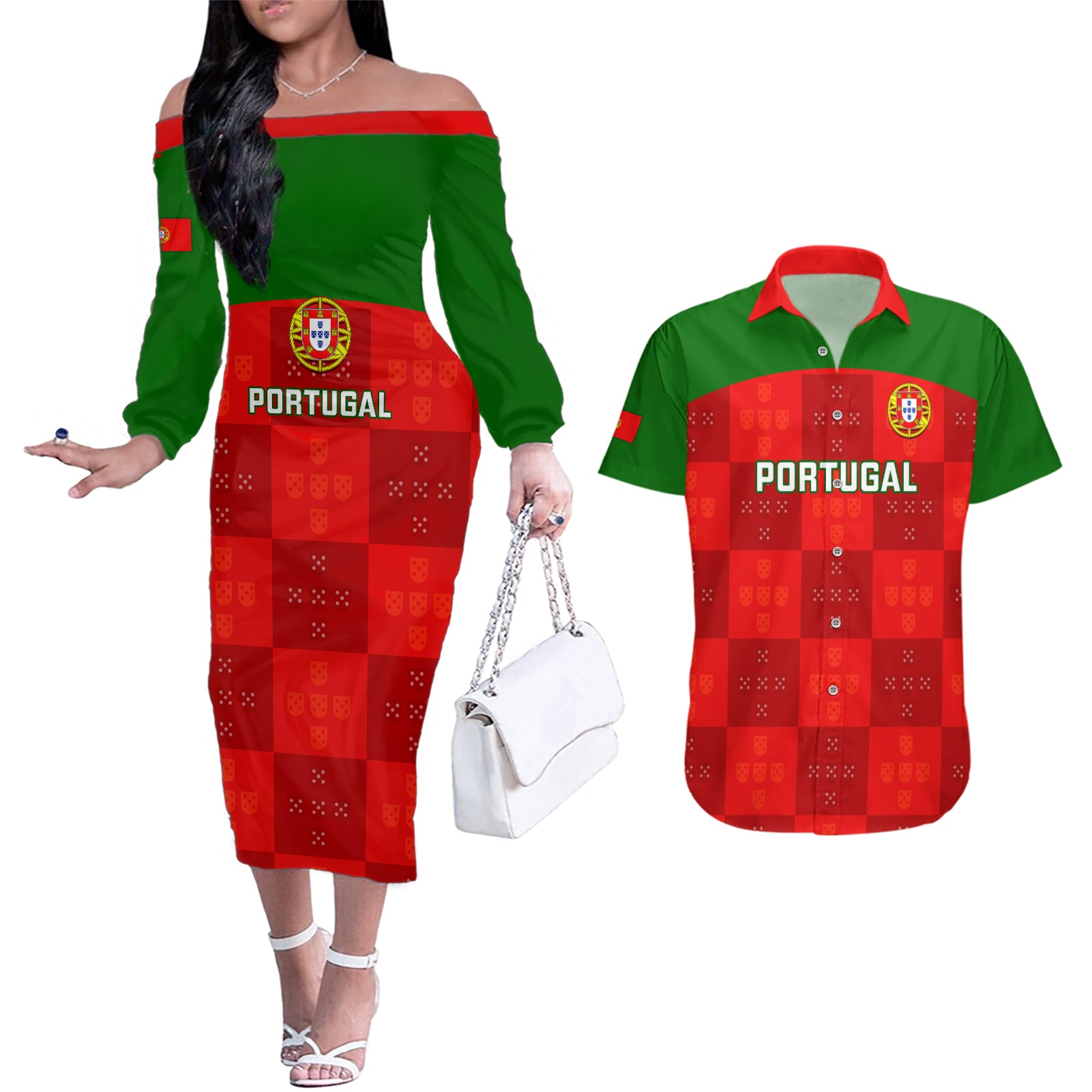 Portugal Rugby Couples Matching Off The Shoulder Long Sleeve Dress and Hawaiian Shirt Go Wolves Mix Coat Of Arms - Wonder Print Shop