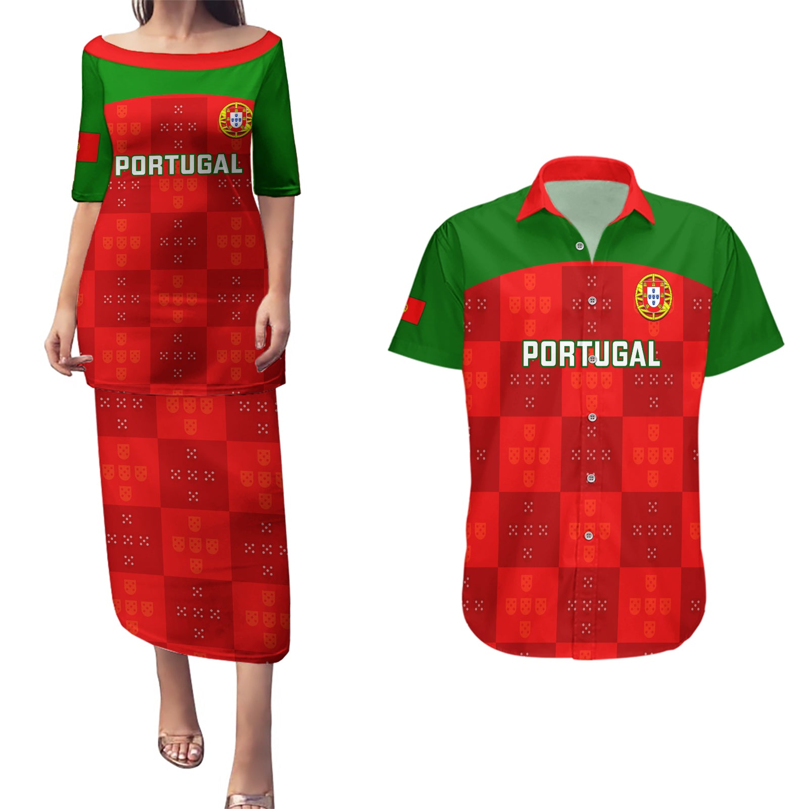 Portugal Rugby Couples Matching Puletasi Dress and Hawaiian Shirt Go Wolves Mix Coat Of Arms - Wonder Print Shop