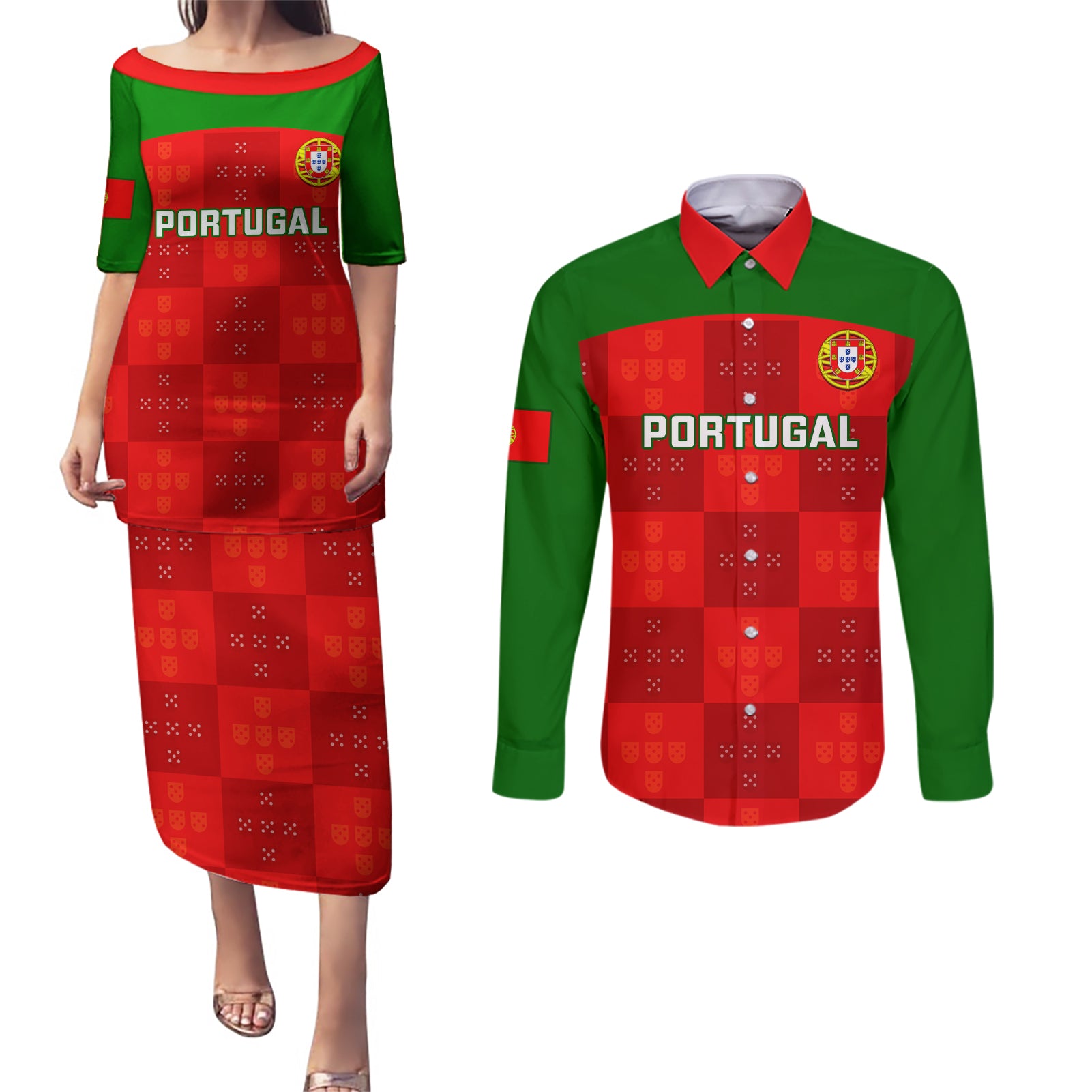 Portugal Rugby Couples Matching Puletasi Dress and Long Sleeve Button Shirts Go Wolves Mix Coat Of Arms - Wonder Print Shop