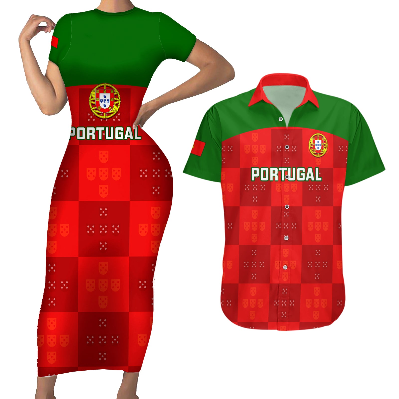 Portugal Rugby Couples Matching Short Sleeve Bodycon Dress and Hawaiian Shirt Go Wolves Mix Coat Of Arms - Wonder Print Shop