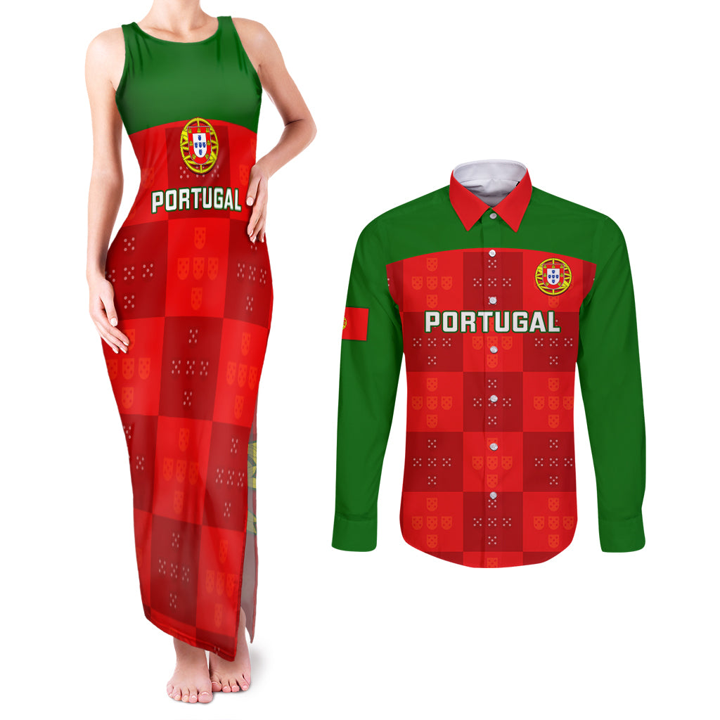 Portugal Rugby Couples Matching Tank Maxi Dress and Long Sleeve Button Shirts Go Wolves Mix Coat Of Arms - Wonder Print Shop