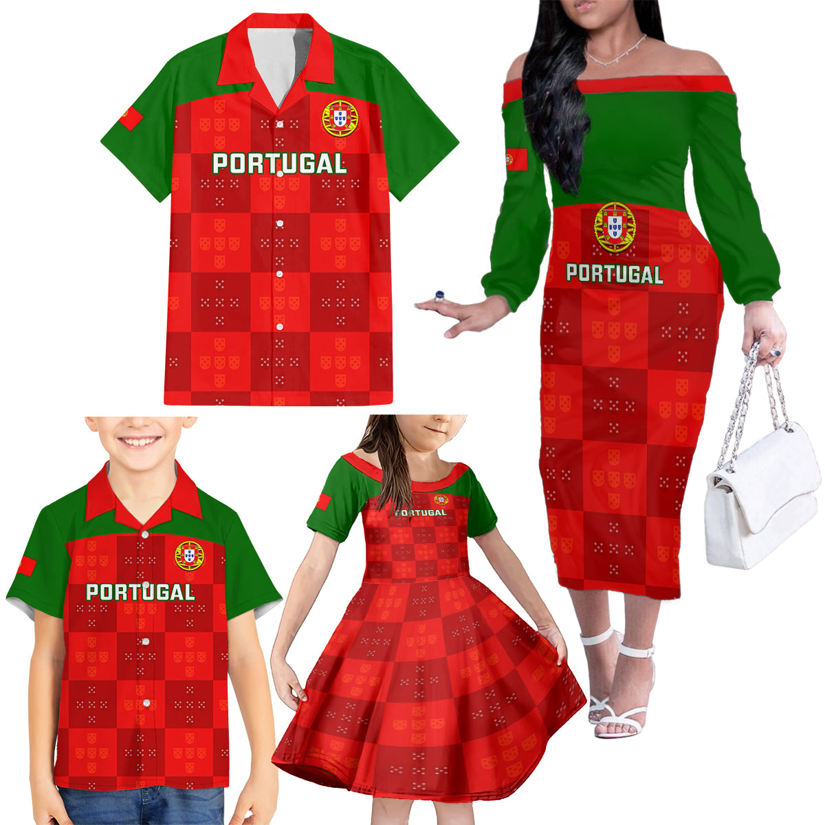 Portugal Rugby Family Matching Off Shoulder Long Sleeve Dress and Hawaiian Shirt Go Wolves Mix Coat Of Arms - Wonder Print Shop