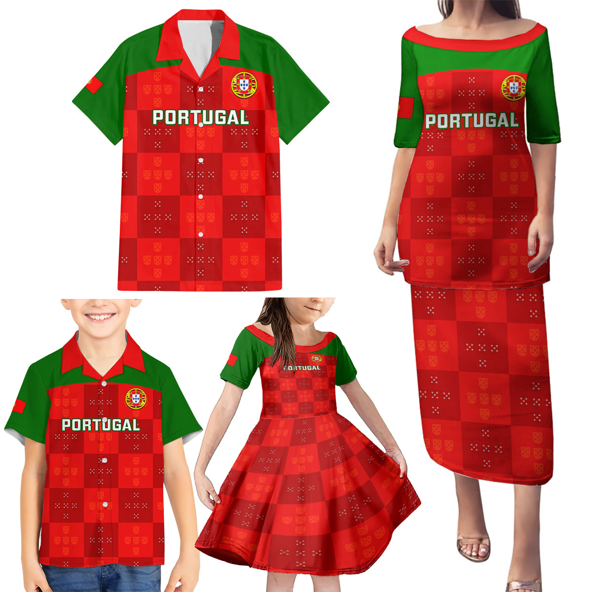 Portugal Rugby Family Matching Puletasi Dress and Hawaiian Shirt Go Wolves Mix Coat Of Arms - Wonder Print Shop