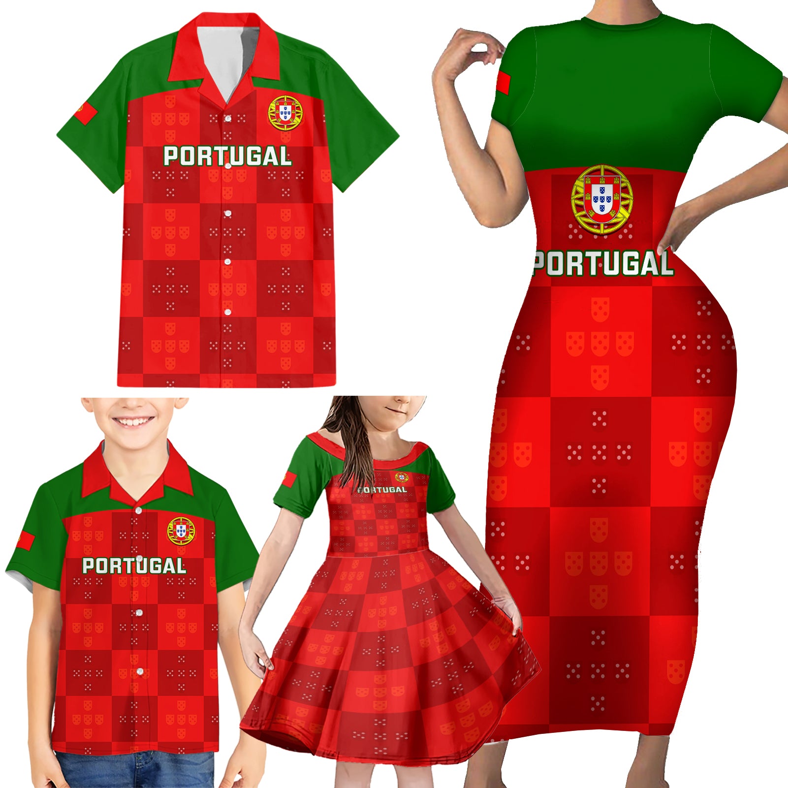 Portugal Rugby Family Matching Short Sleeve Bodycon Dress and Hawaiian Shirt Go Wolves Mix Coat Of Arms - Wonder Print Shop