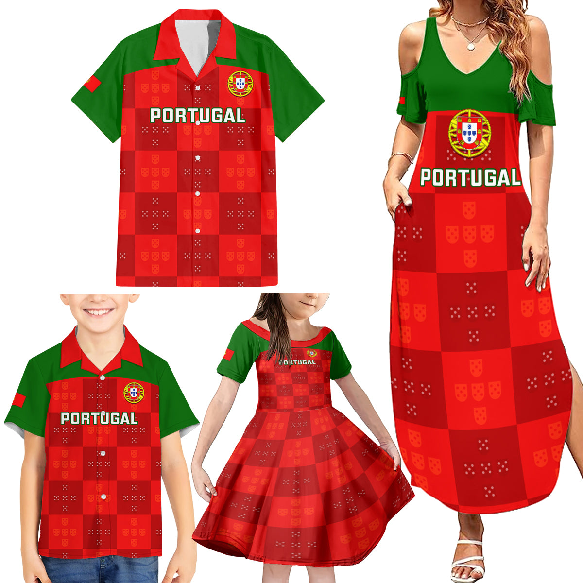 Portugal Rugby Family Matching Summer Maxi Dress and Hawaiian Shirt Go Wolves Mix Coat Of Arms - Wonder Print Shop