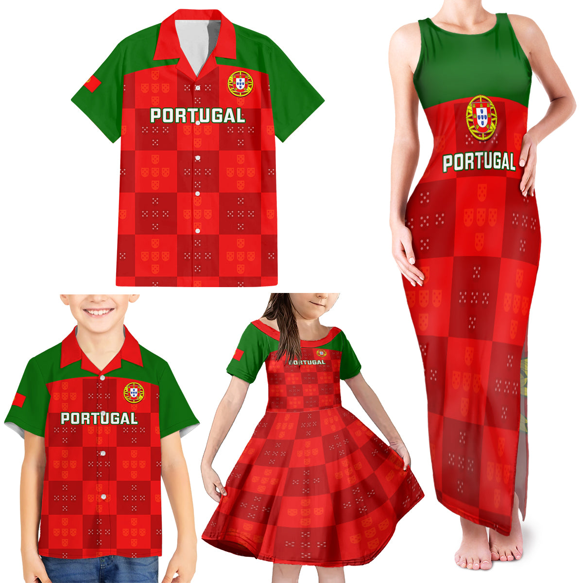 Portugal Rugby Family Matching Tank Maxi Dress and Hawaiian Shirt Go Wolves Mix Coat Of Arms - Wonder Print Shop