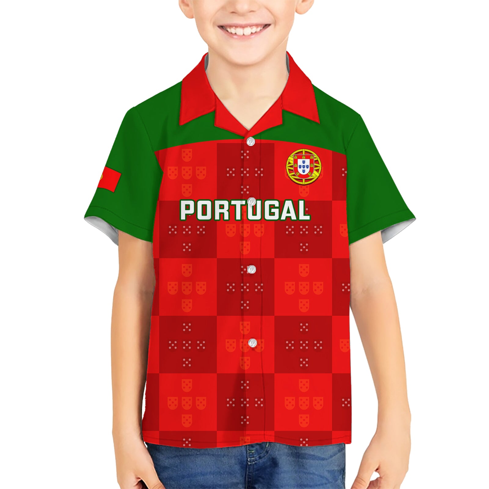 Portugal Rugby Kid Hawaiian Shirt Go Wolves Mix Coat Of Arms - Wonder Print Shop