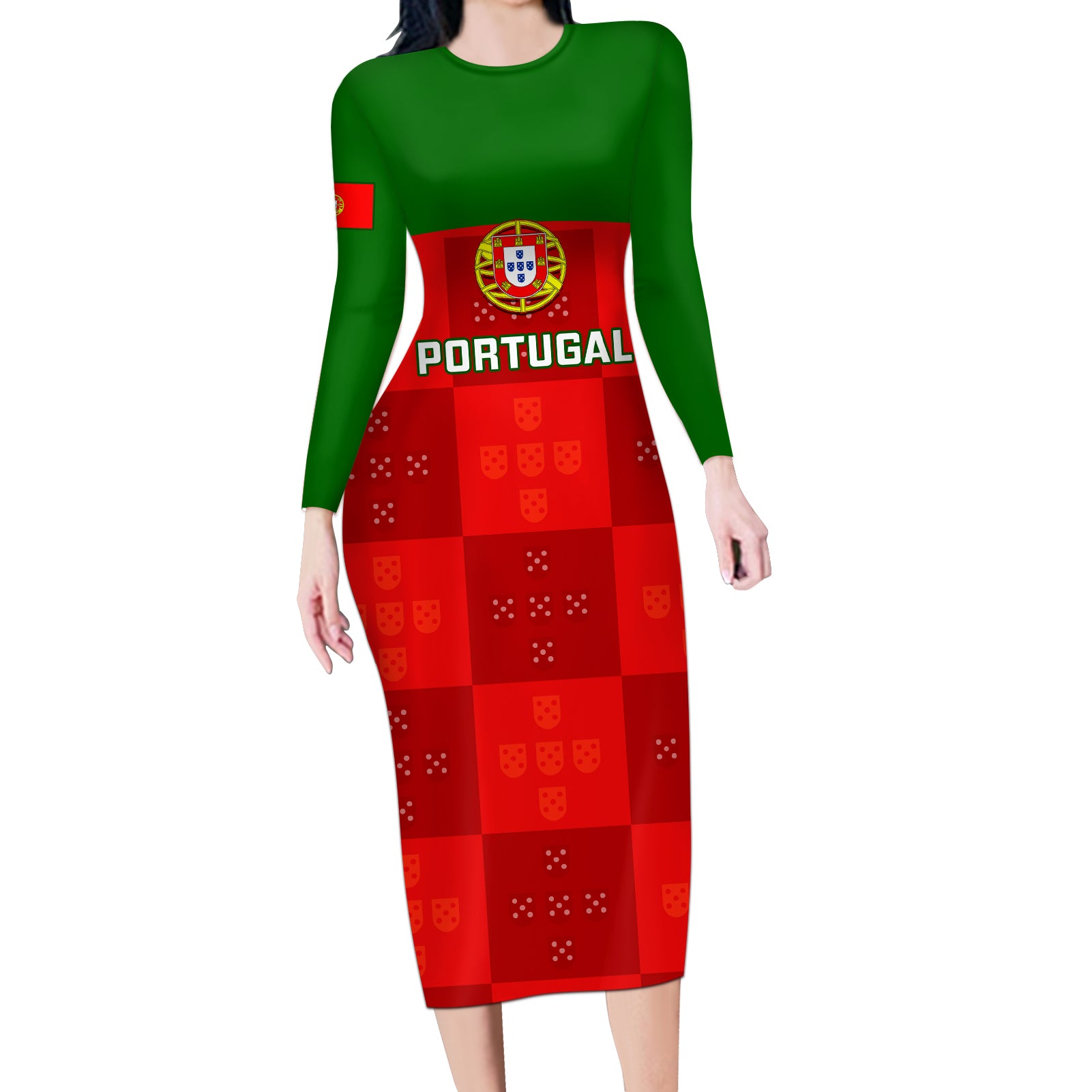 Portugal Rugby Long Sleeve Bodycon Dress Go Wolves Mix Coat Of Arms - Wonder Print Shop