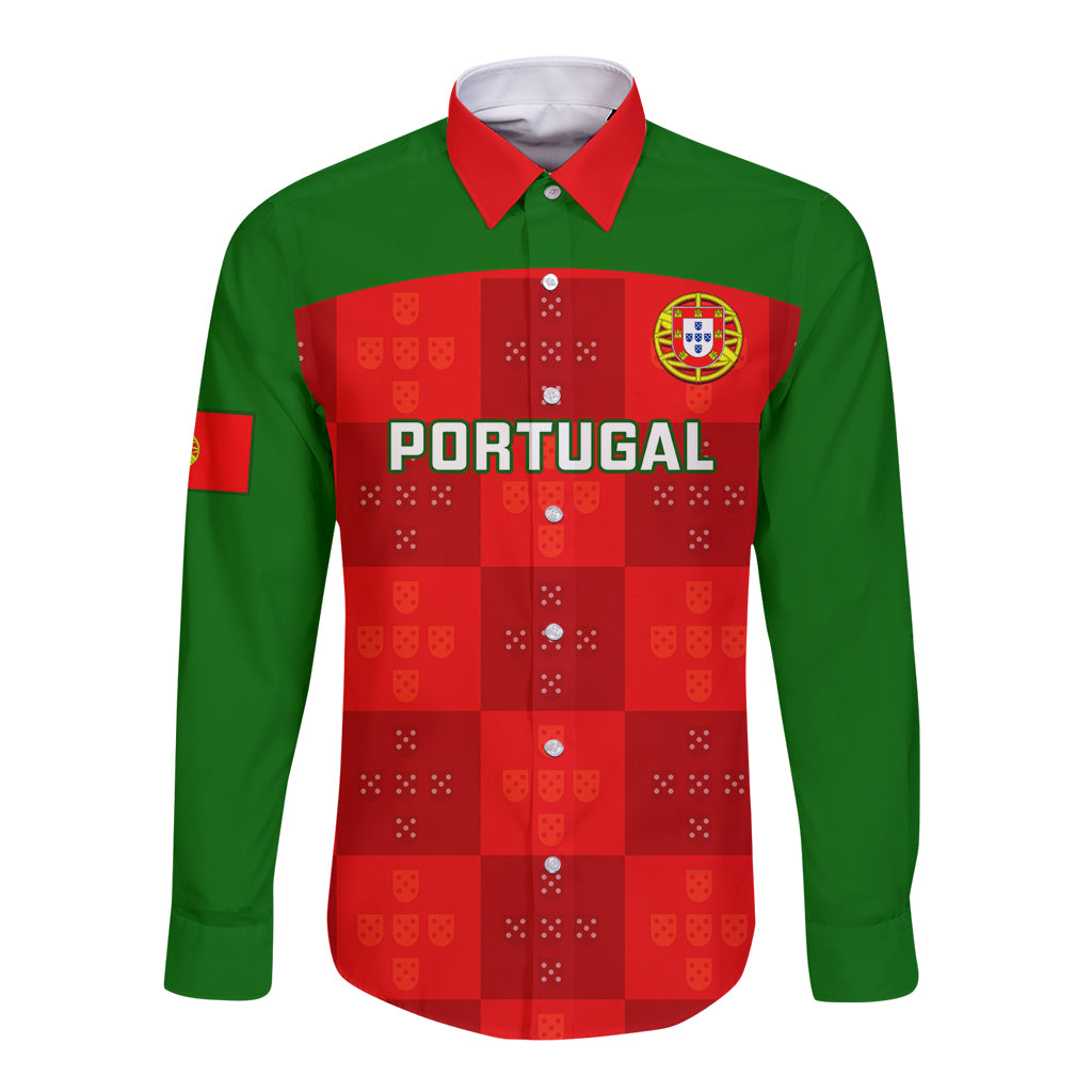 Rugby long-sleeve button shirt, green with red panel, Portugal crest graphic