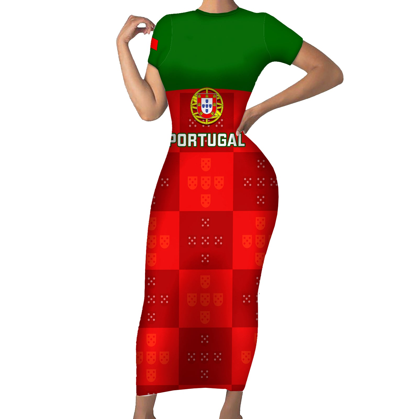 Portugal Rugby Short Sleeve Bodycon Dress Go Wolves Mix Coat Of Arms - Wonder Print Shop