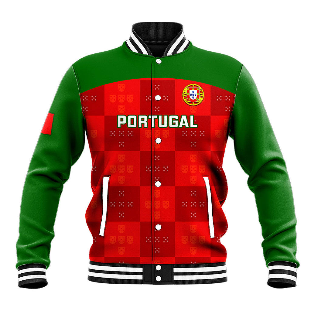 Red-and-green varsity baseball jacket with PORTUGAL graphic, striped ribbed collar and cuffs.