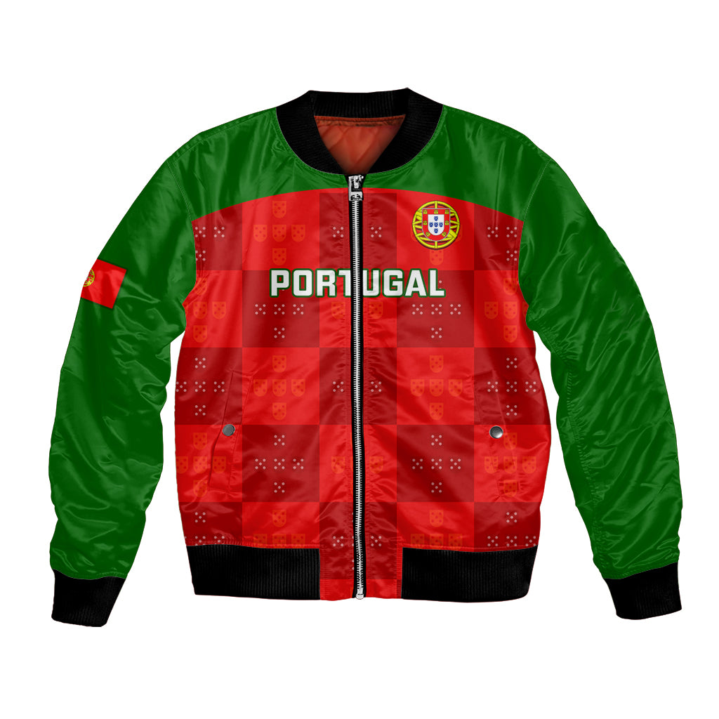 Red and green bomber jacket with full zipper, ribbed hem, Portugal crest front patch