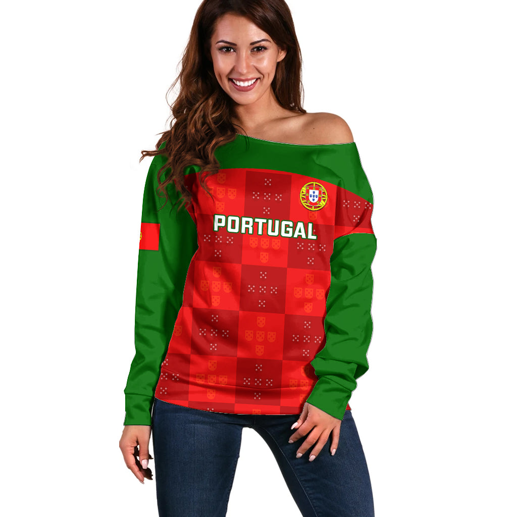 Custom Portugal Rugby Off Shoulder Sweater Go Wolves Mix Coat Of Arms - Wonder Print Shop