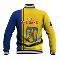 Back yellow/blue baseball jacket with ribbed trim, Go the Oaks text, crest