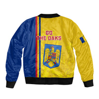 Unisex bomber jacket with yellow and blue back print, striped accents, ribbed hem, crest