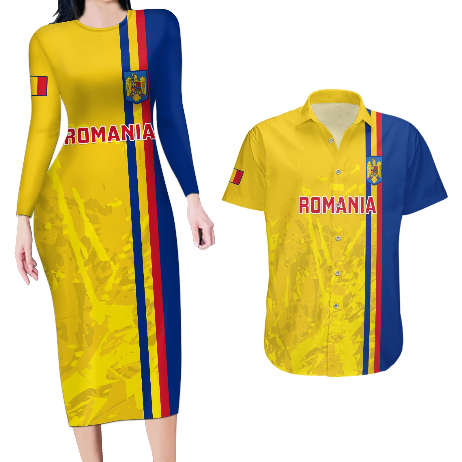 Romania Rugby Couples Matching Long Sleeve Bodycon Dress and Hawaiian Shirt Go The Oaks Grunge Style - Wonder Print Shop