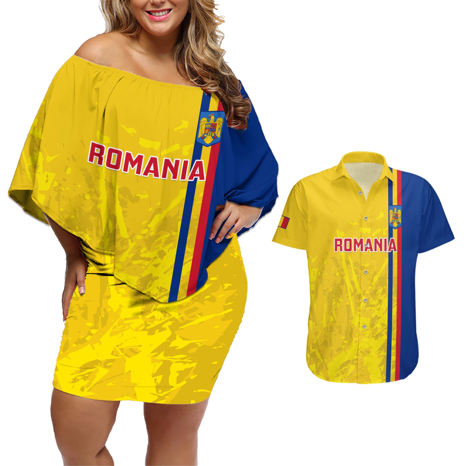 Romania Rugby Couples Matching Off Shoulder Short Dress and Hawaiian Shirt Go The Oaks Grunge Style - Wonder Print Shop