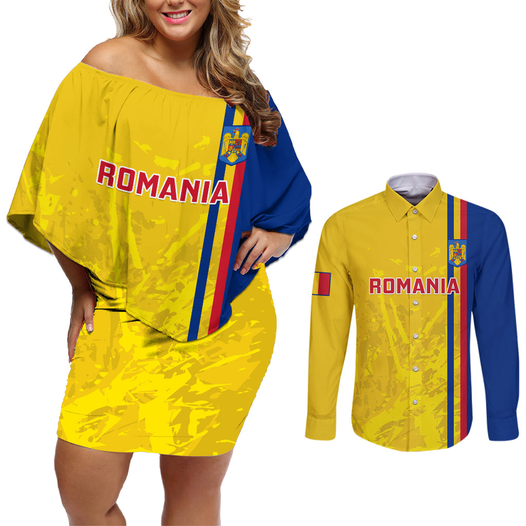 Romania Rugby Couples Matching Off Shoulder Short Dress and Long Sleeve Button Shirts Go The Oaks Grunge Style - Wonder Print Shop