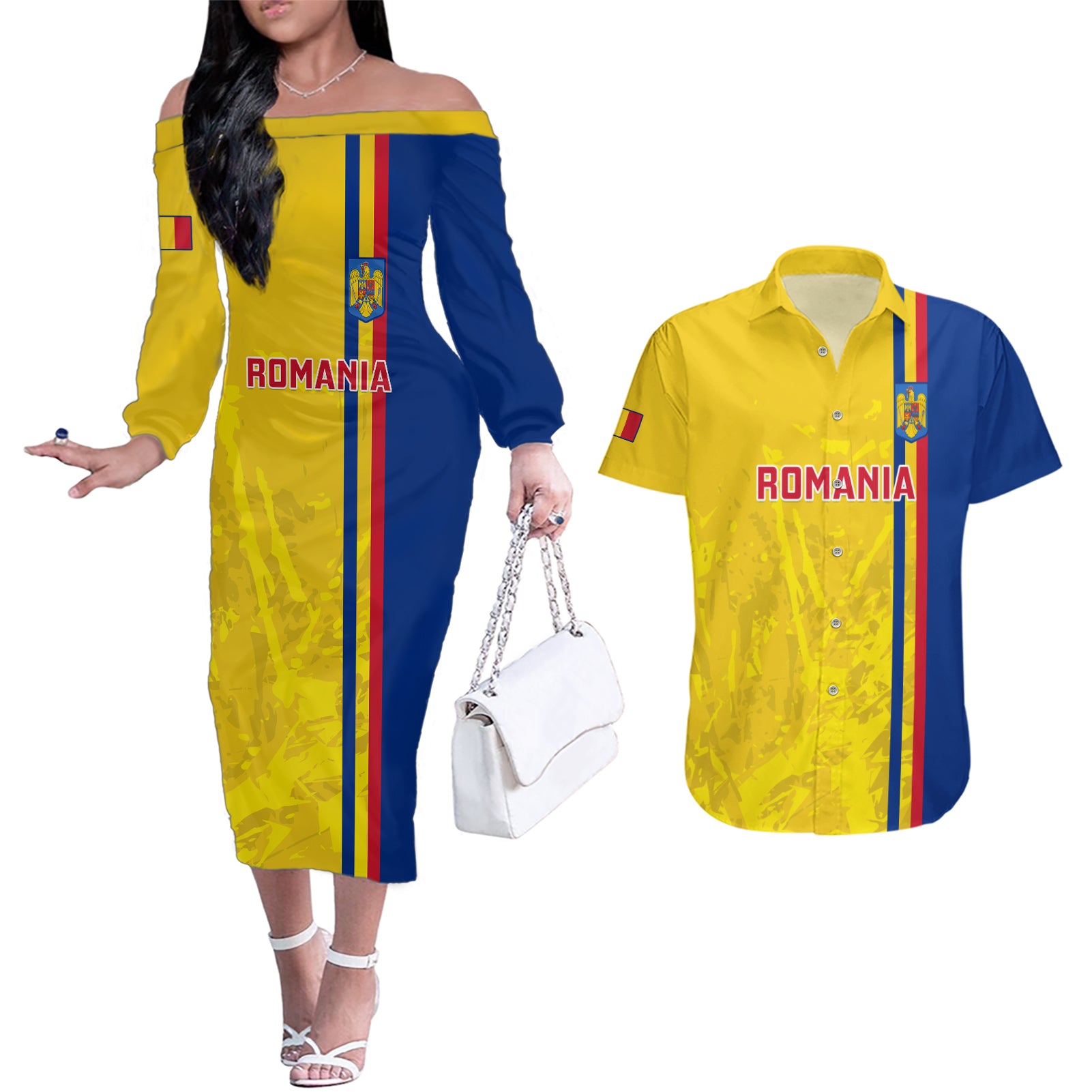 Romania Rugby Couples Matching Off The Shoulder Long Sleeve Dress and Hawaiian Shirt Go The Oaks Grunge Style - Wonder Print Shop