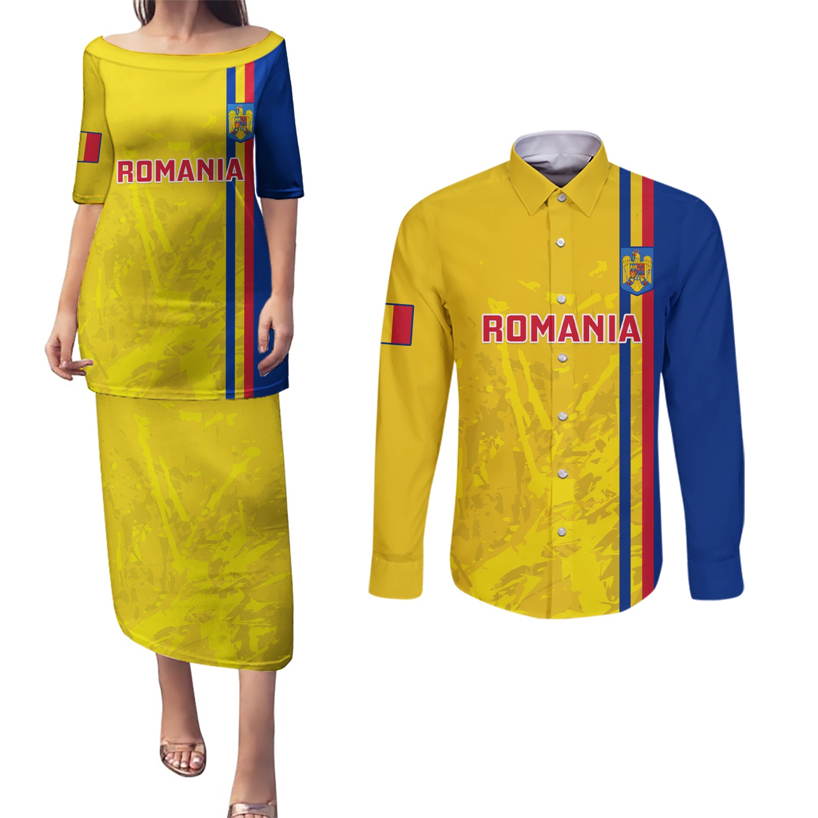 Romania Rugby Couples Matching Puletasi Dress and Long Sleeve Button Shirts Go The Oaks Grunge Style - Wonder Print Shop