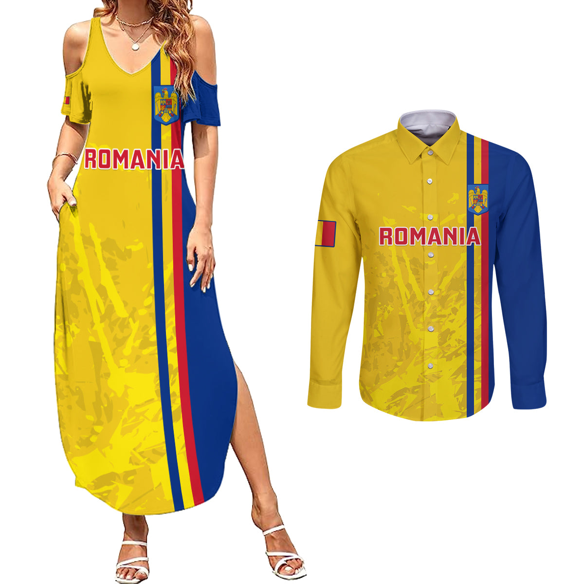 Romania Rugby Couples Matching Summer Maxi Dress and Long Sleeve Button Shirts Go The Oaks Grunge Style - Wonder Print Shop