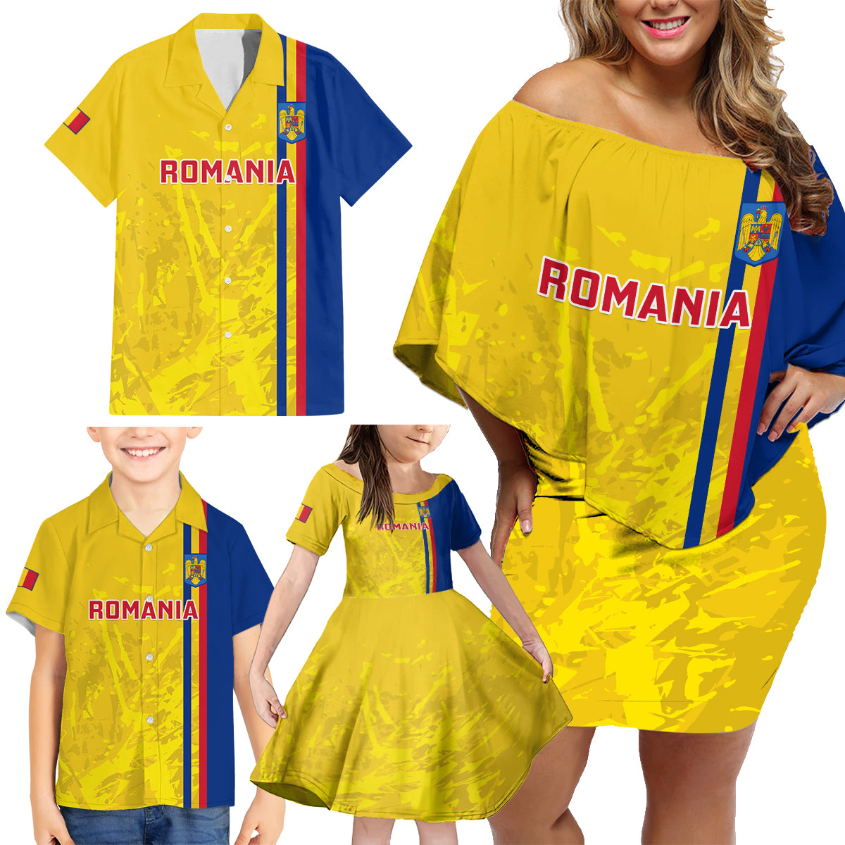 Romania Rugby Family Matching Off Shoulder Short Dress and Hawaiian Shirt Go The Oaks Grunge Style - Wonder Print Shop