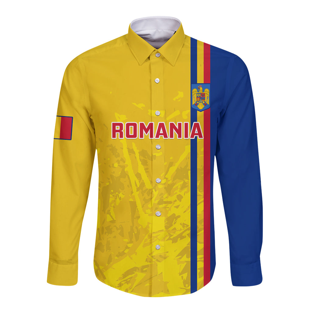 Yellow and blue long-sleeve button rugby shirt with Romania lettering and front emblem