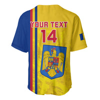 Rugby baseball jersey back in yellow with YOUR TEXT 14 and crest, striped side panels