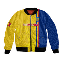 Yellow and blue custom rugby bomber jacket with full zip, ribbed cuffs, and crest patch