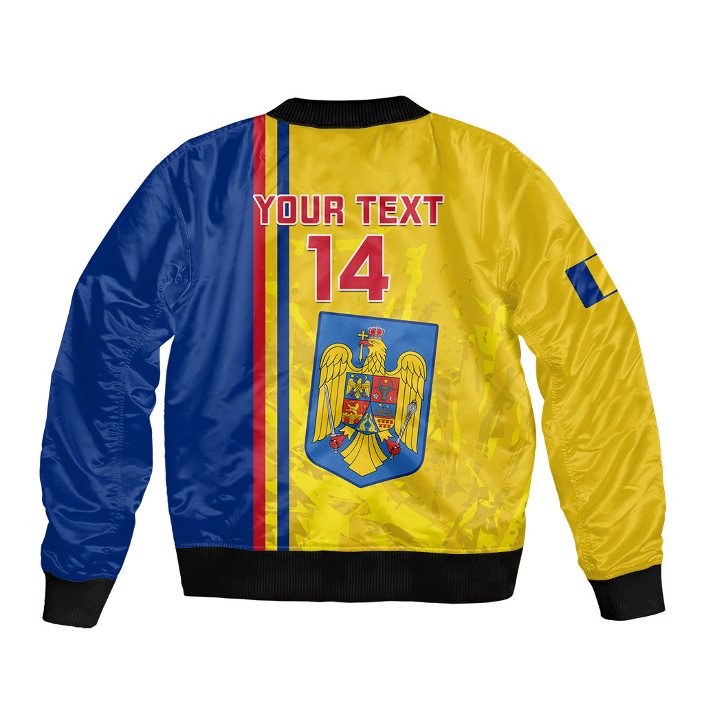 Back of yellow and blue bomber jacket with 'YOUR TEXT 14', crest, ribbed hem