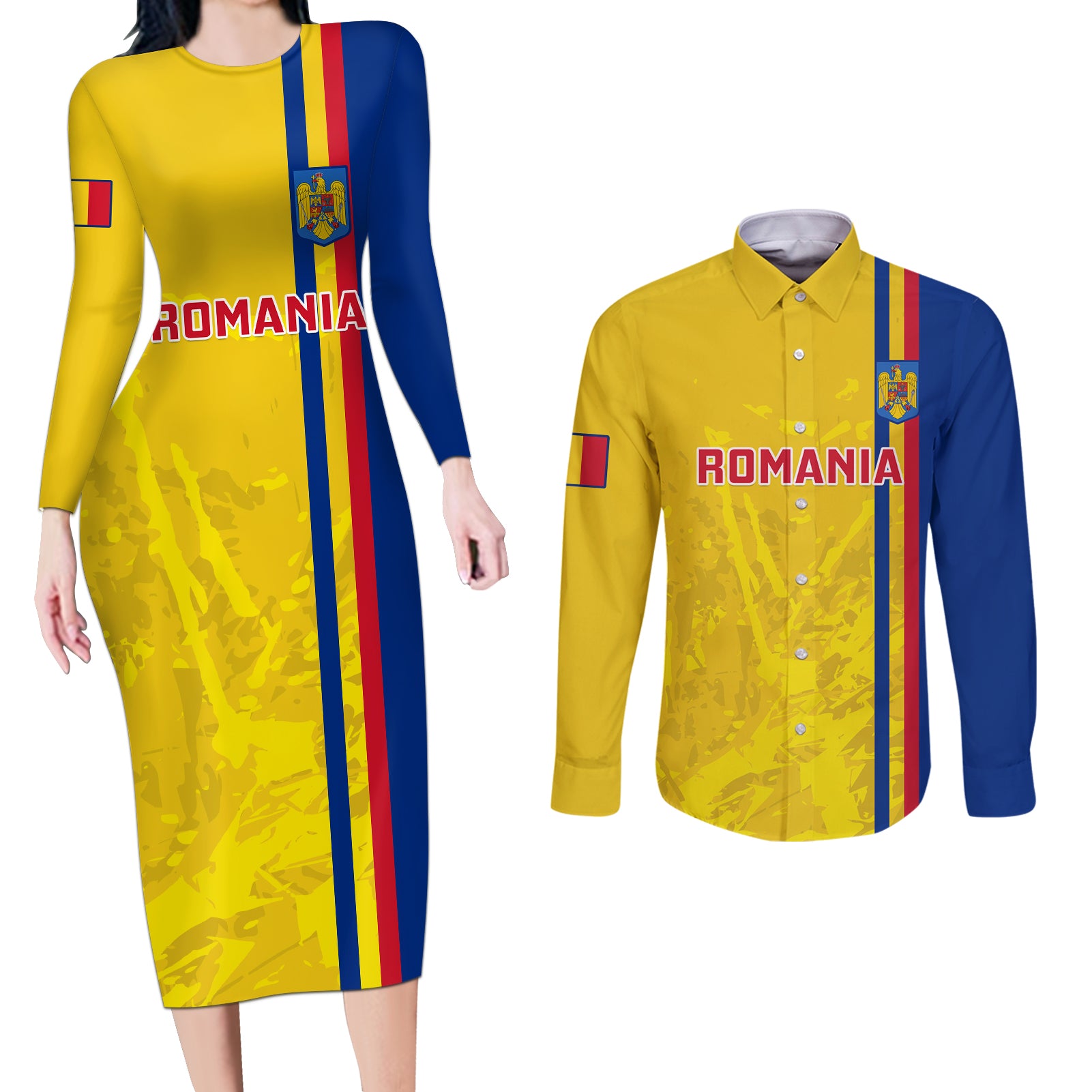 Custom Romania Rugby Couples Matching Long Sleeve Bodycon Dress and Long Sleeve Button Shirts Go The Oaks Grunge Style - Wonder Print Shop