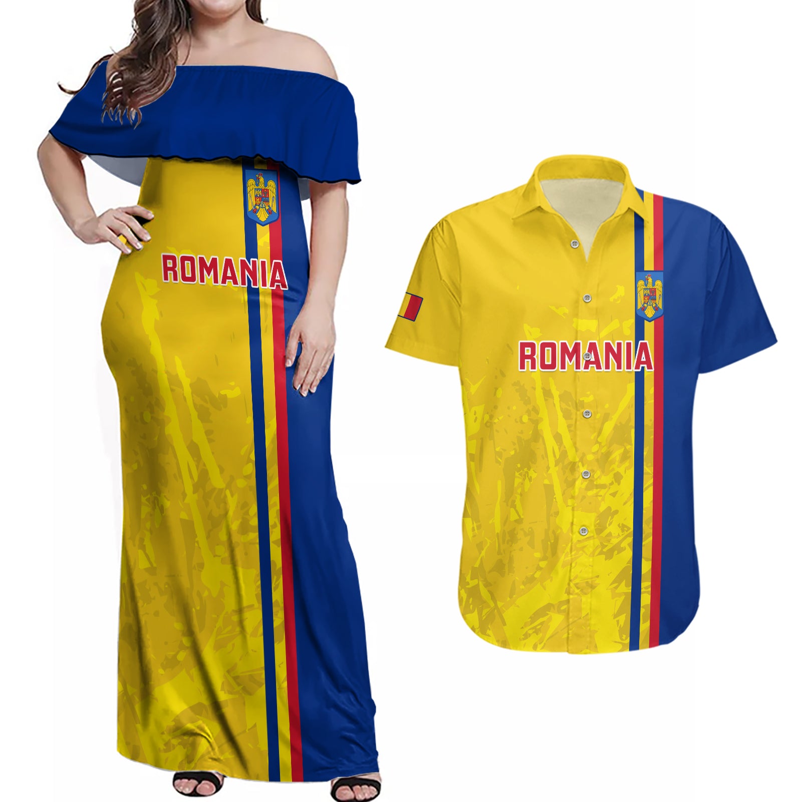 Custom Romania Rugby Couples Matching Off Shoulder Maxi Dress and Hawaiian Shirt Go The Oaks Grunge Style - Wonder Print Shop