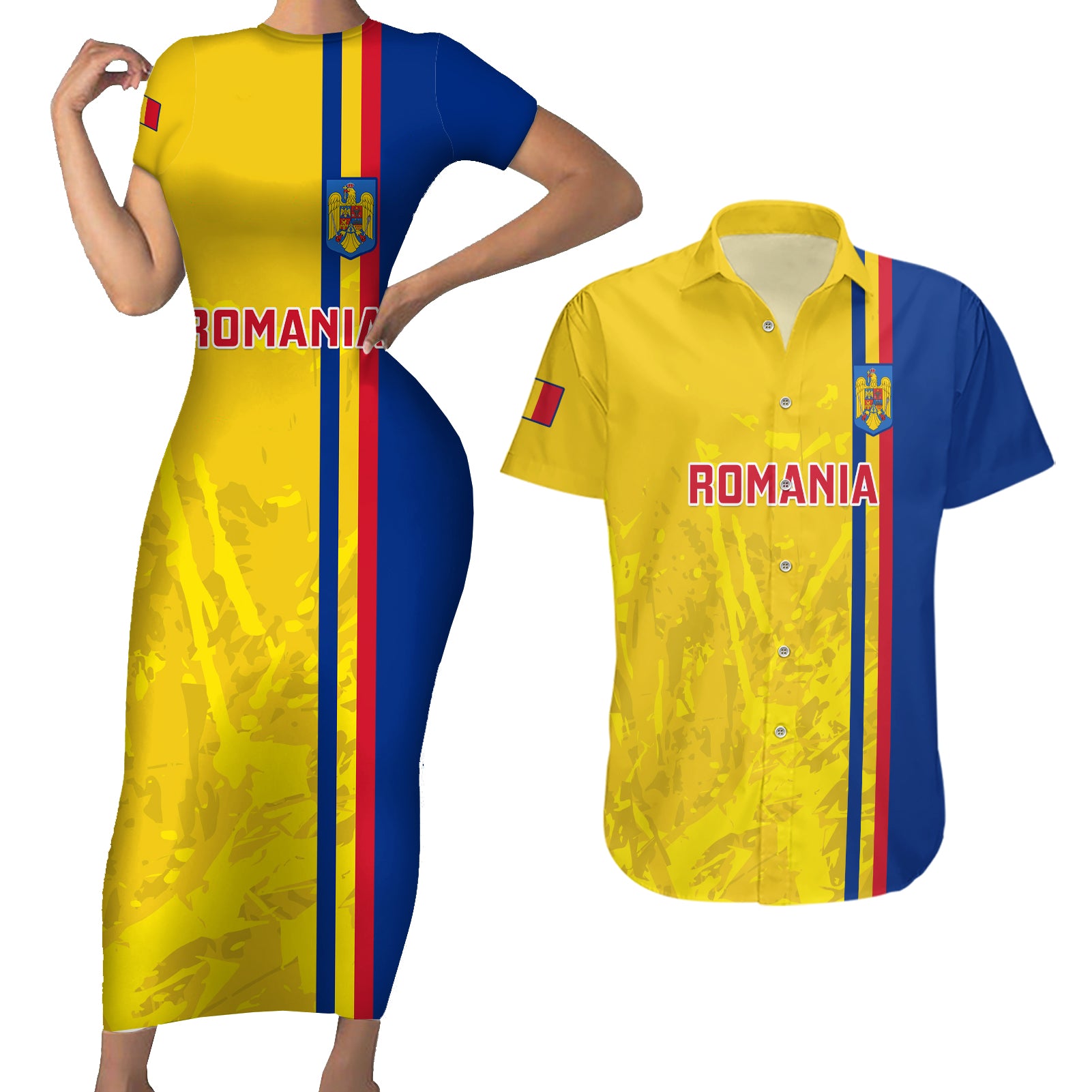 Custom Romania Rugby Couples Matching Short Sleeve Bodycon Dress and Hawaiian Shirt Go The Oaks Grunge Style - Wonder Print Shop