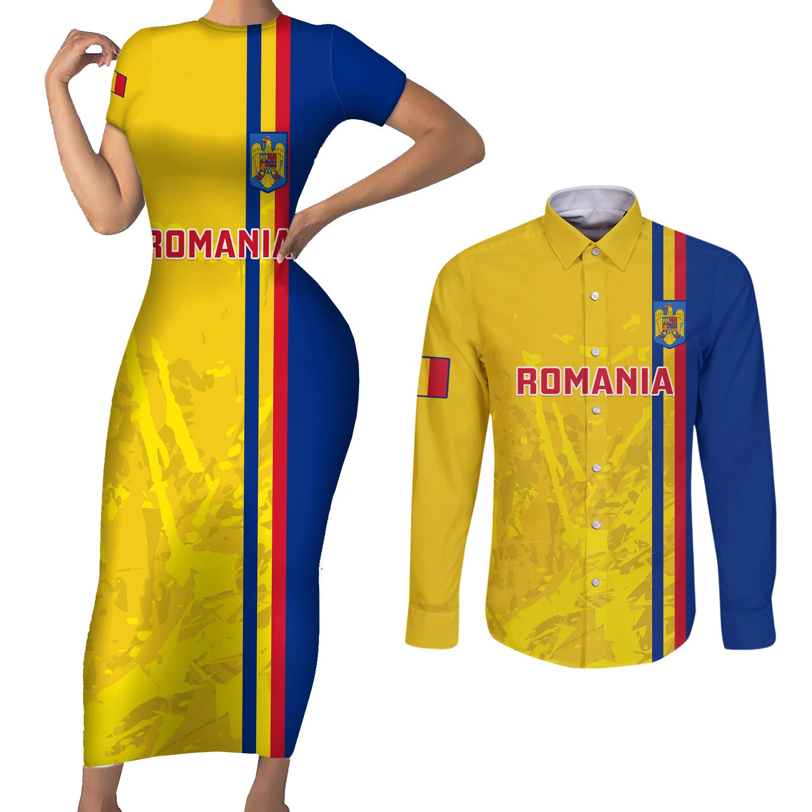 Custom Romania Rugby Couples Matching Short Sleeve Bodycon Dress and Long Sleeve Button Shirts Go The Oaks Grunge Style - Wonder Print Shop