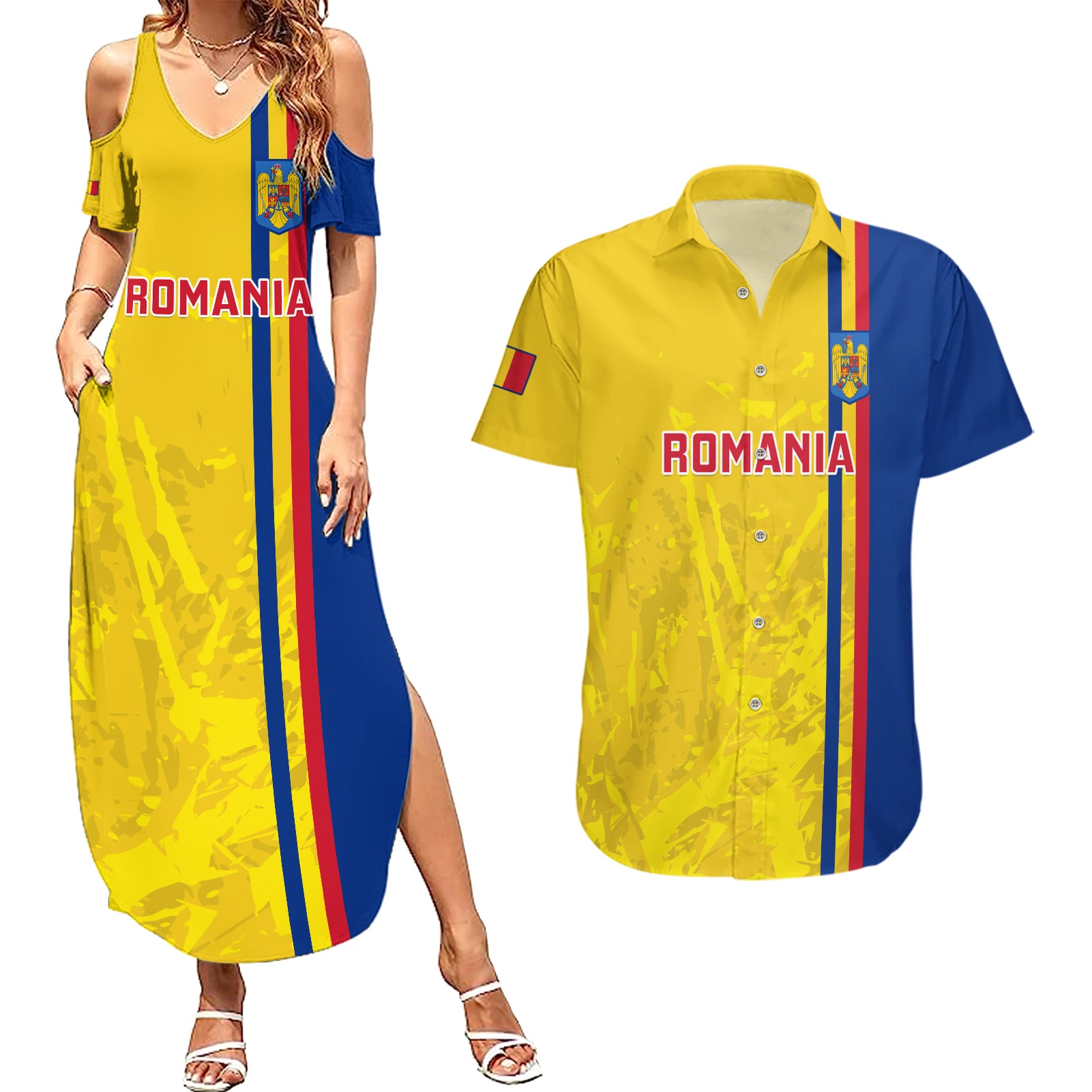 Custom Romania Rugby Couples Matching Summer Maxi Dress and Hawaiian Shirt Go The Oaks Grunge Style - Wonder Print Shop