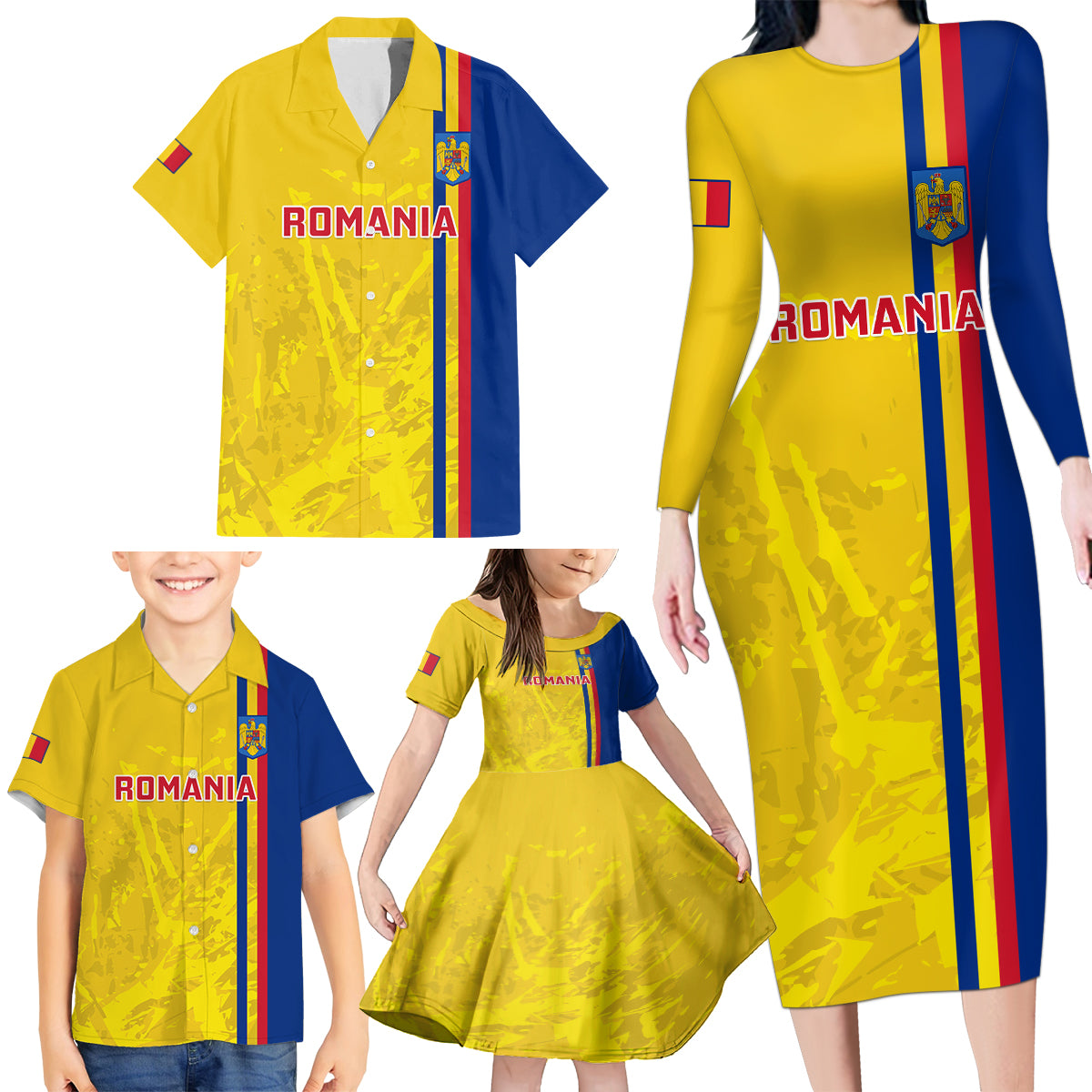 Custom Romania Rugby Family Matching Long Sleeve Bodycon Dress and Hawaiian Shirt Go The Oaks Grunge Style - Wonder Print Shop