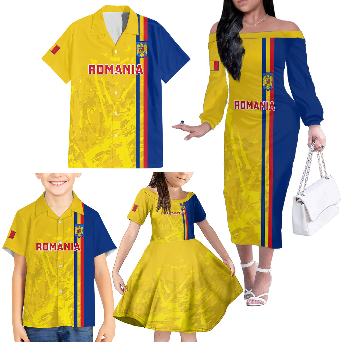 Custom Romania Rugby Family Matching Off Shoulder Long Sleeve Dress and Hawaiian Shirt Go The Oaks Grunge Style - Wonder Print Shop