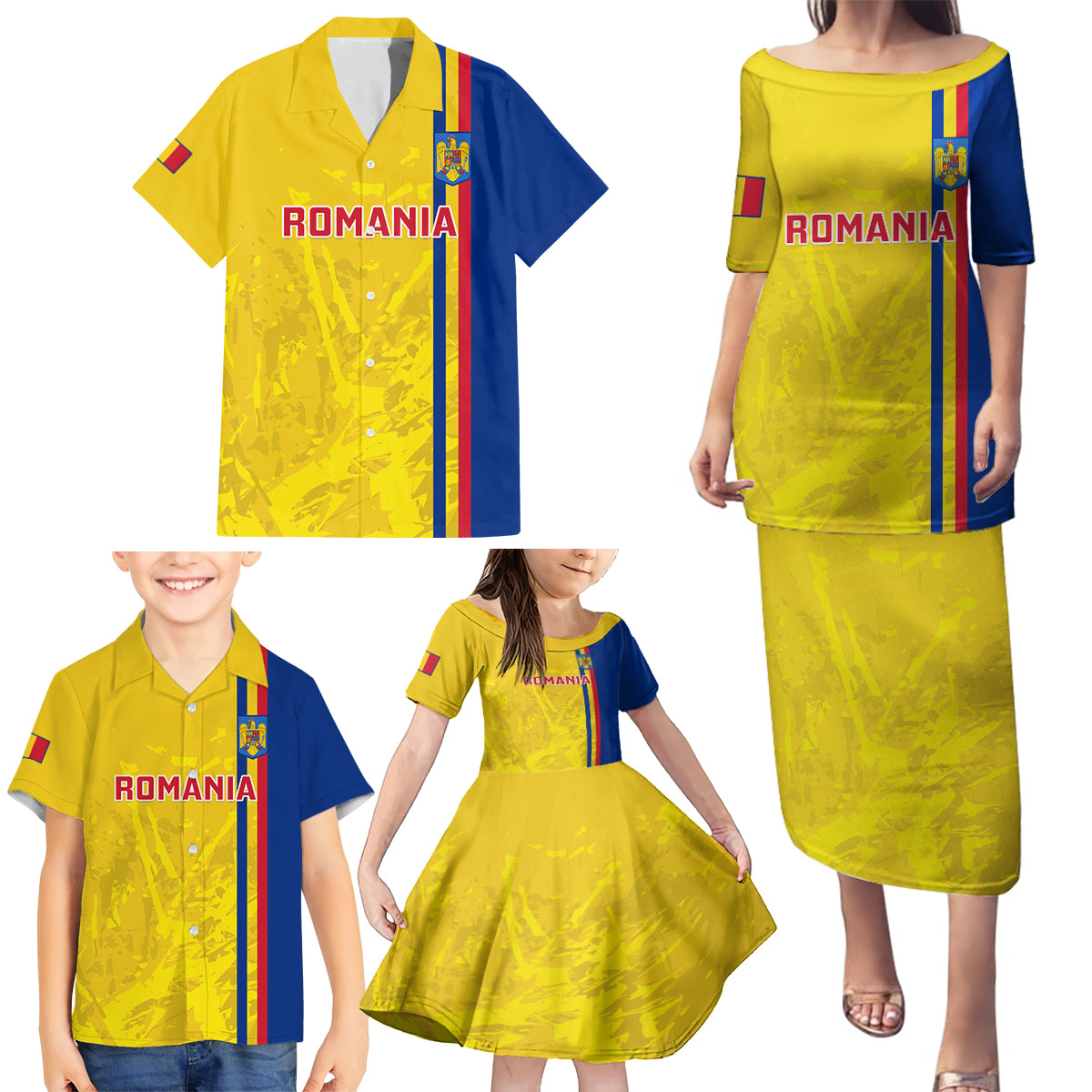 Custom Romania Rugby Family Matching Puletasi Dress and Hawaiian Shirt Go The Oaks Grunge Style - Wonder Print Shop