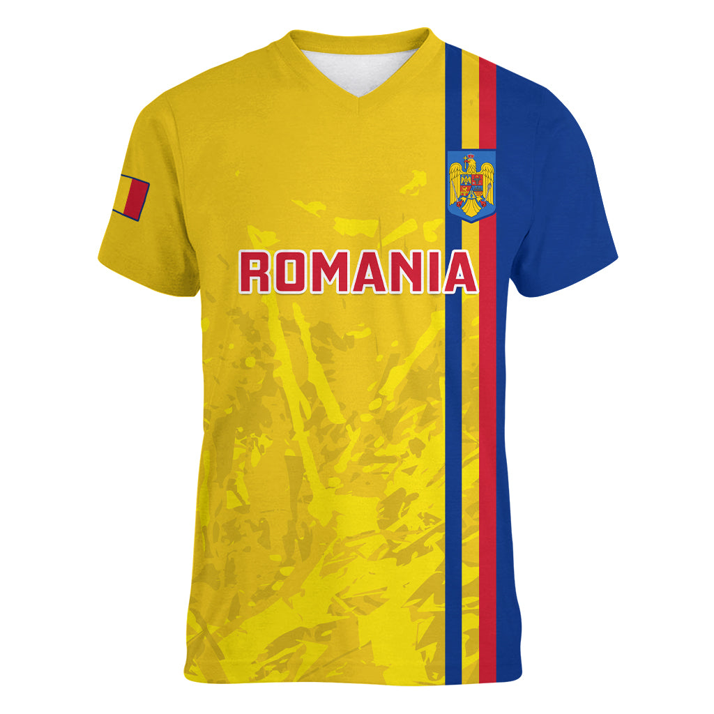 Custom Romania Rugby Women V Neck T Shirt Go The Oaks Grunge Style - Wonder Print Shop