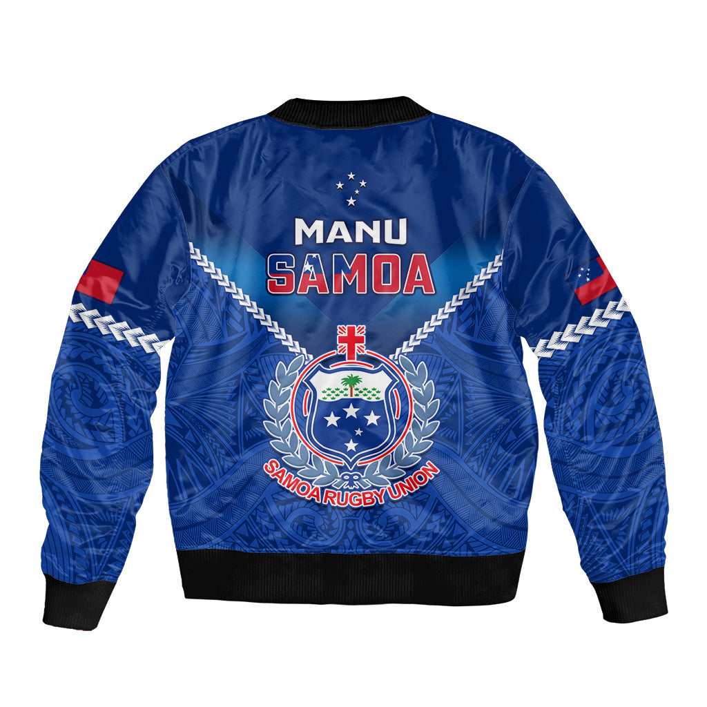 Blue bomber jacket with ribbed cuffs and hem, back graphic with MANU SAMOA emblem