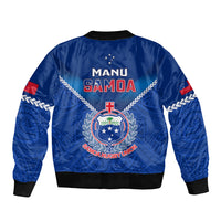 Blue bomber jacket with ribbed cuffs and hem, back graphic with MANU SAMOA emblem