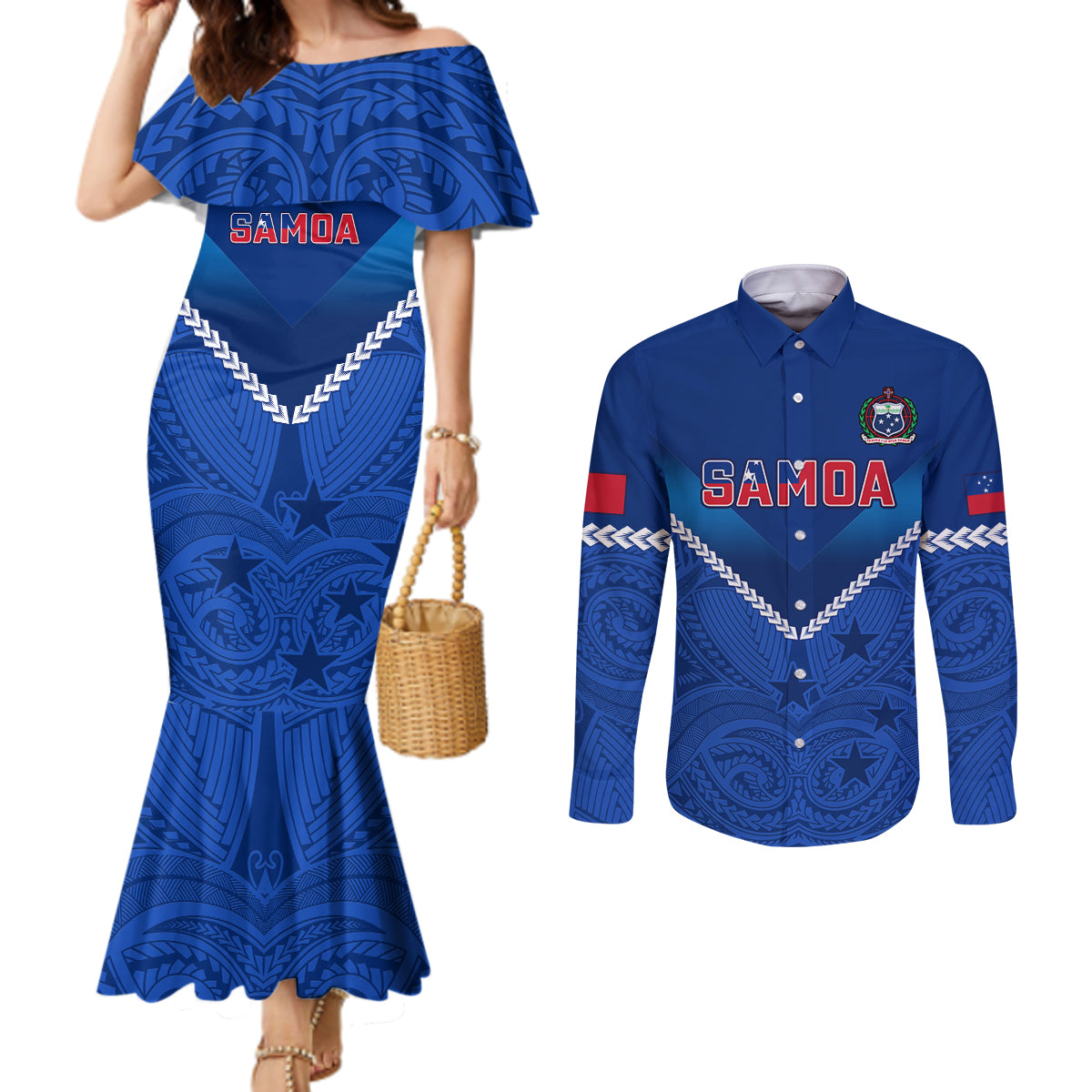 samoa-rugby-couples-matching-mermaid-dress-and-long-sleeve-button-shirts-2023-go-manu-samoa