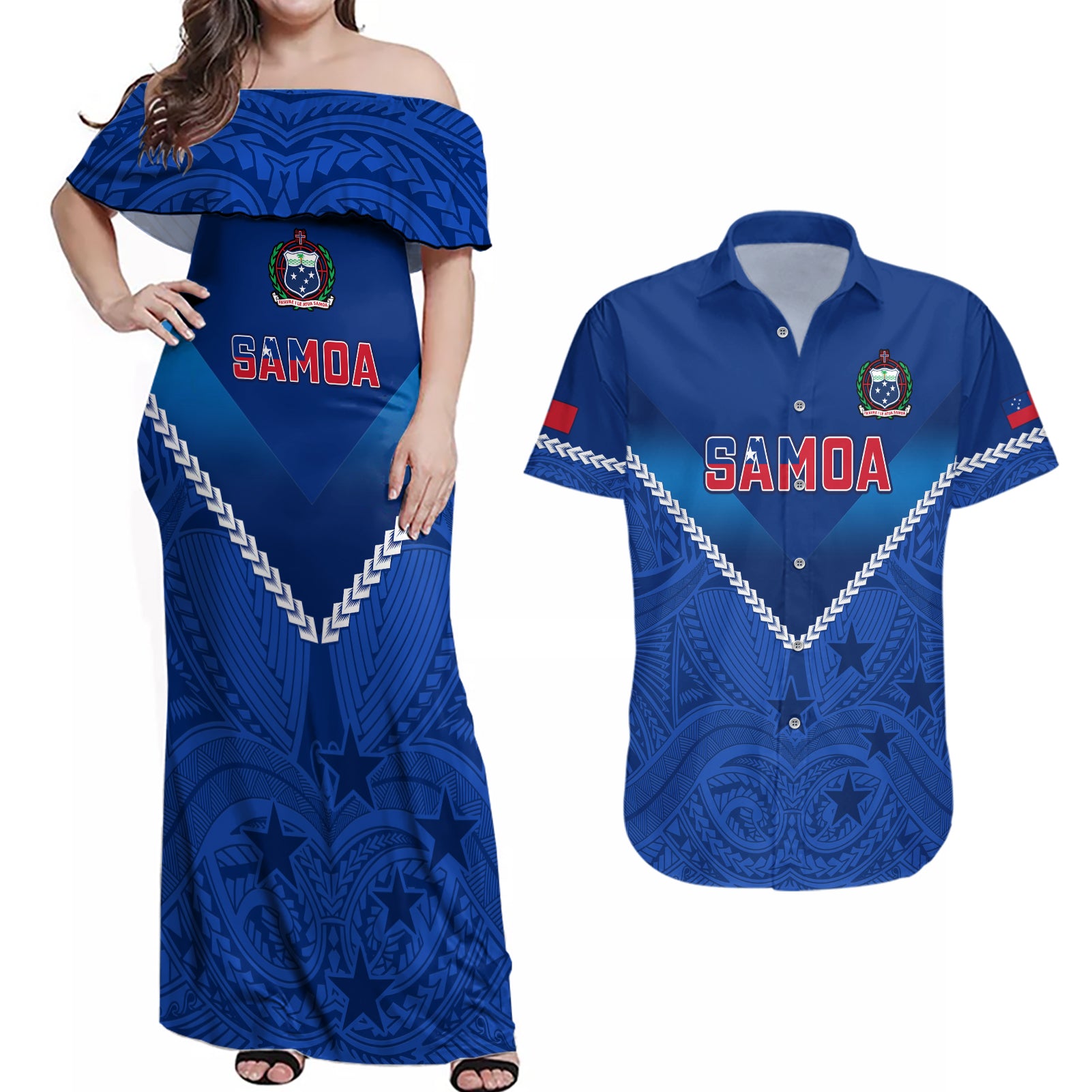 Samoa Rugby Couples Matching Off Shoulder Maxi Dress and Hawaiian Shirt 2023 Go Manu Samoa - Wonder Print Shop