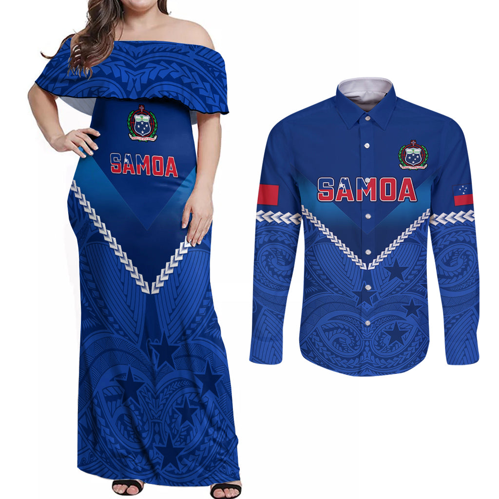 Samoa Rugby Couples Matching Off Shoulder Maxi Dress and Long Sleeve Button Shirts 2023 Go Manu Samoa - Wonder Print Shop