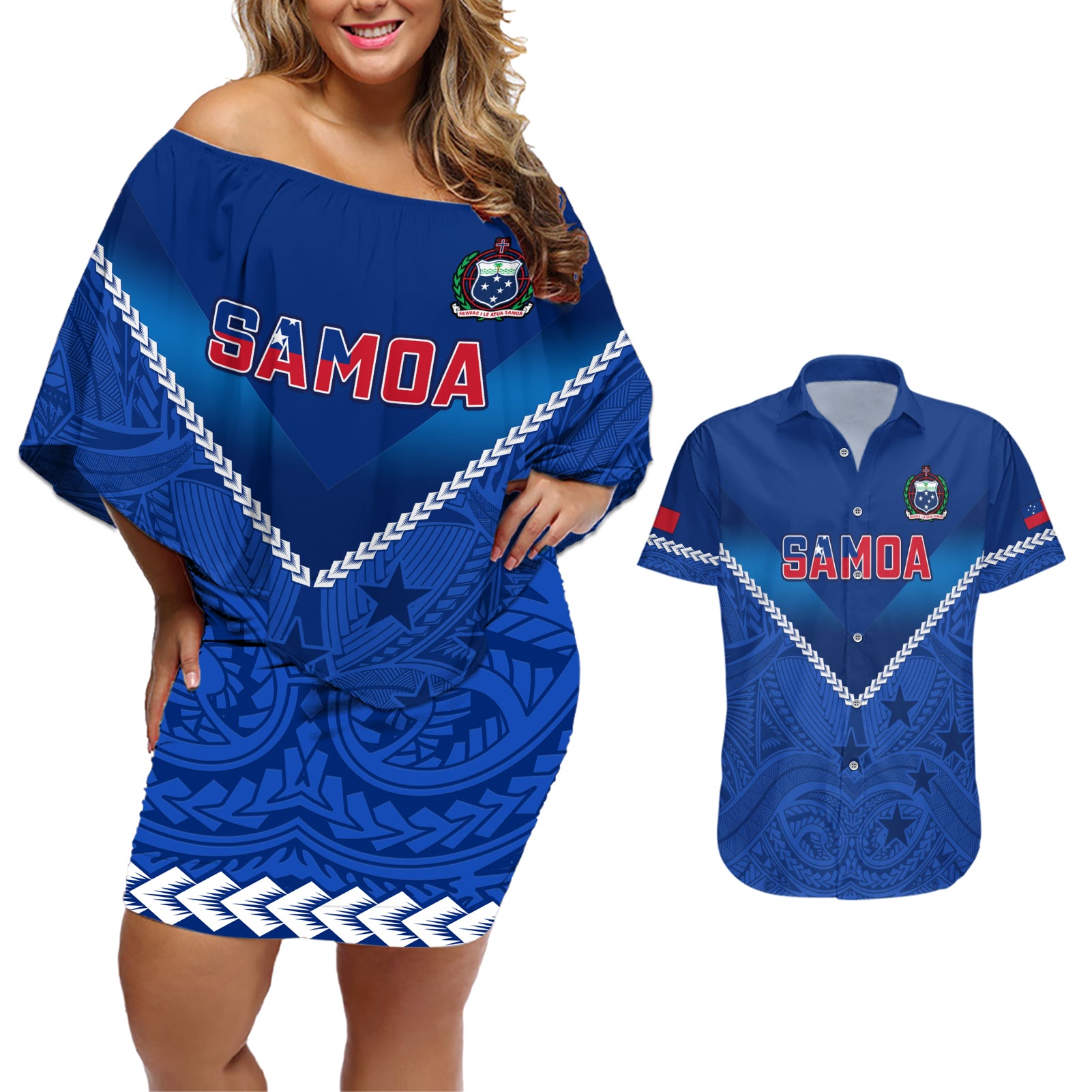 Samoa Rugby Couples Matching Off Shoulder Short Dress and Hawaiian Shirt 2023 Go Manu Samoa - Wonder Print Shop