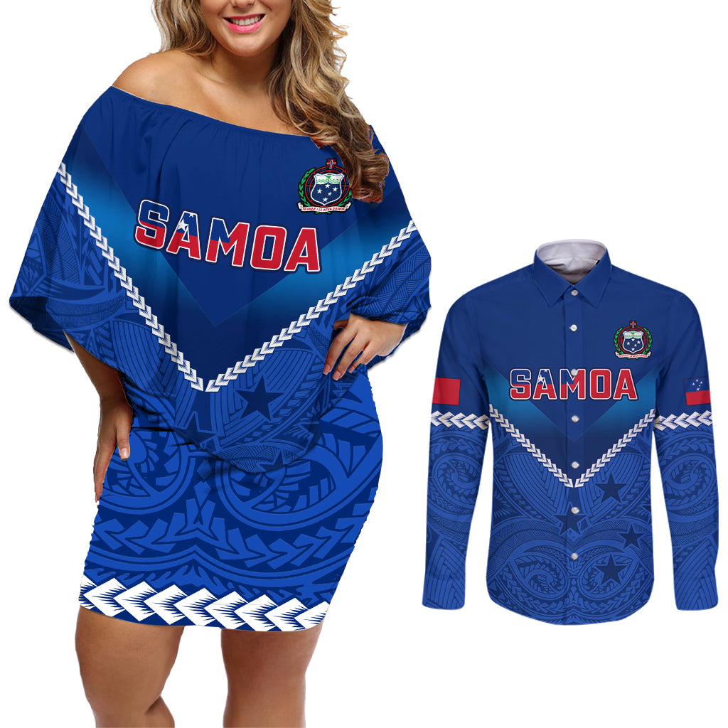 Samoa Rugby Couples Matching Off Shoulder Short Dress and Long Sleeve Button Shirts 2023 Go Manu Samoa - Wonder Print Shop