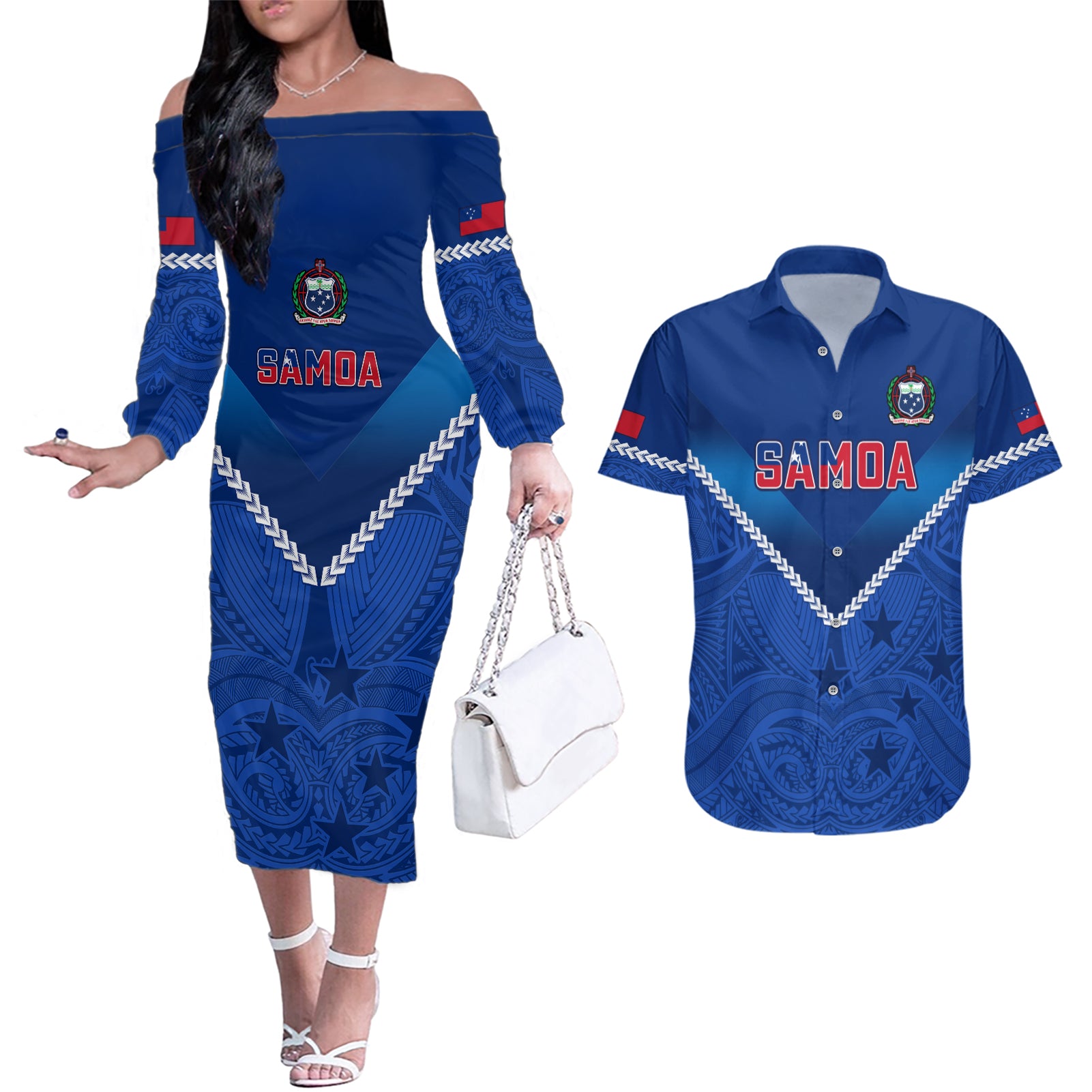 Samoa Rugby Couples Matching Off The Shoulder Long Sleeve Dress and Hawaiian Shirt 2023 Go Manu Samoa - Wonder Print Shop